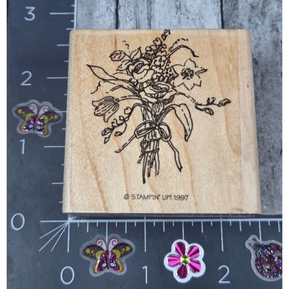 Stampin' Up! Flower Bouquet Bow 1997 Rubber Stamp Wood #J92